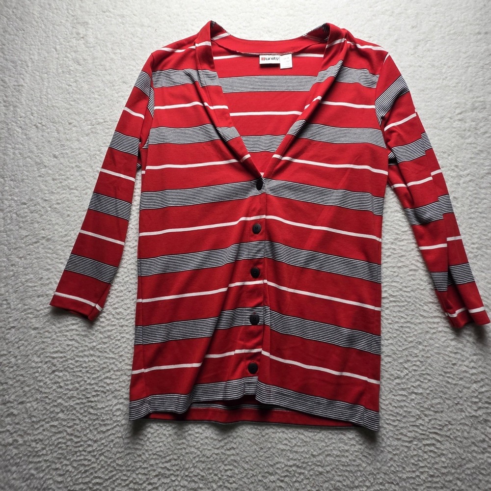 Vintage Units Cardigan Sweater Womens Medium Red Striped V Neck Button Knit